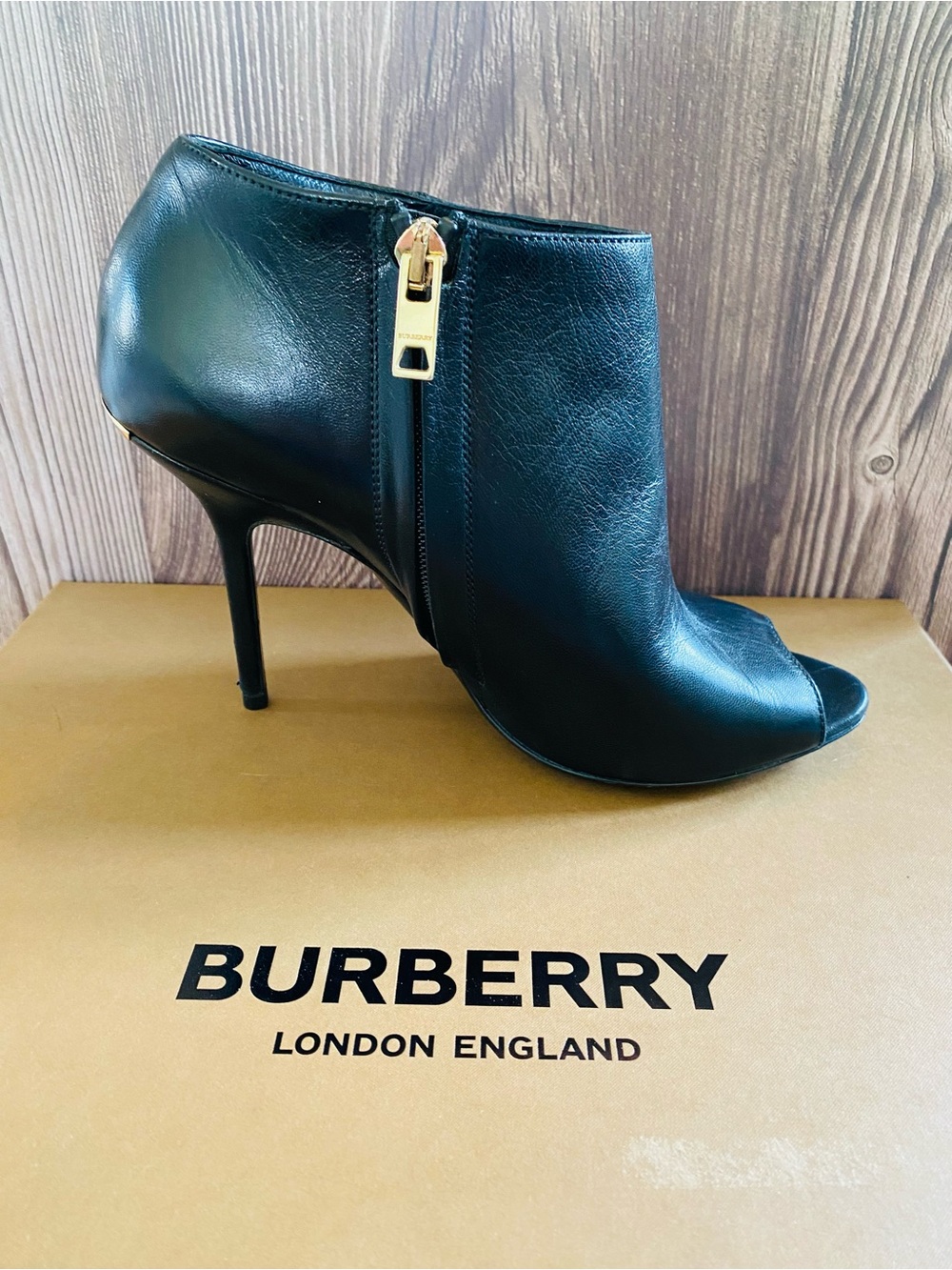 Burberry Black Leather Peep-Toe Stiletto Ankle Boot. Authentic.